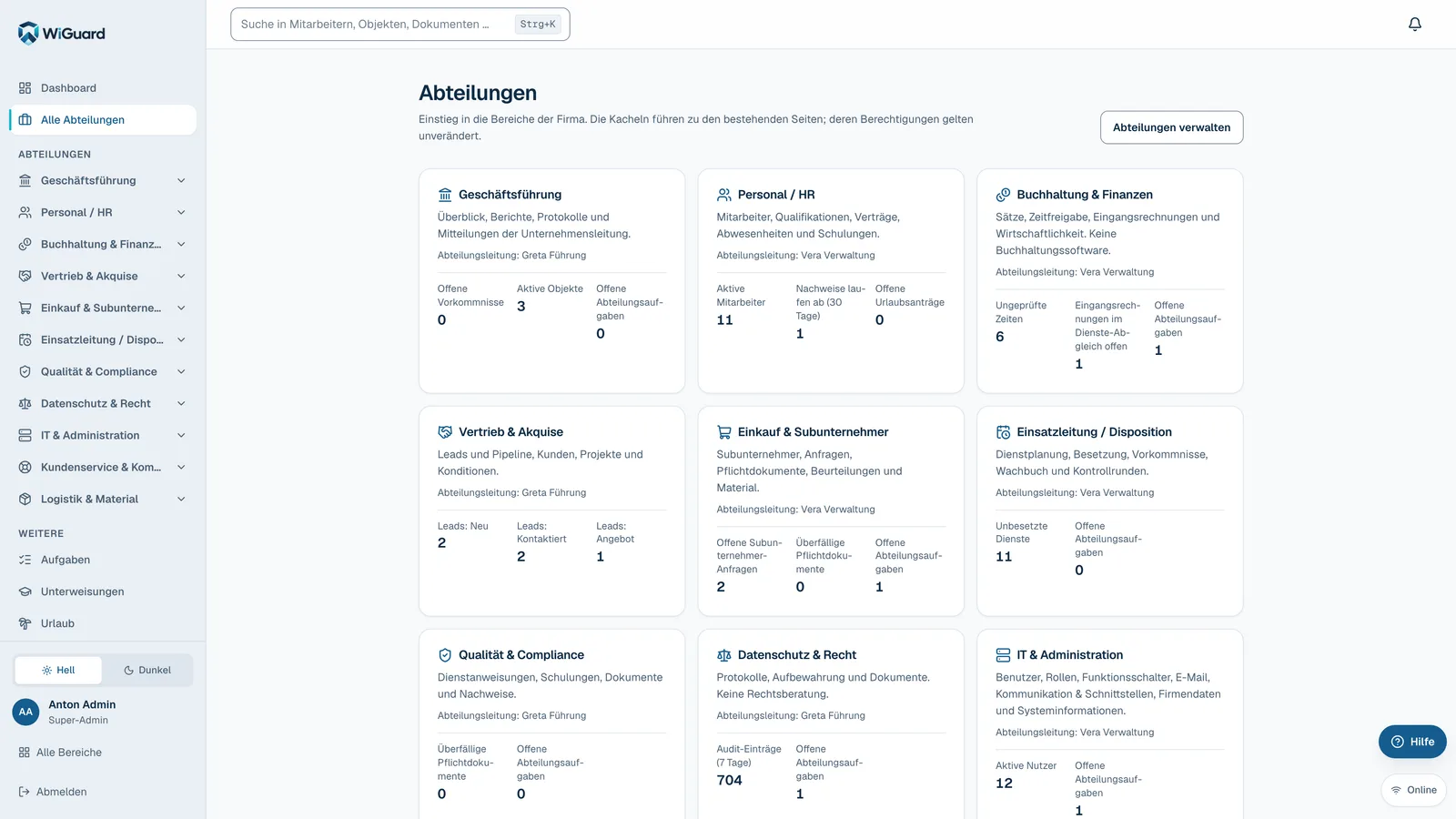 WiGuard-Übersicht über alle Abteilungen (Demo-Daten)
