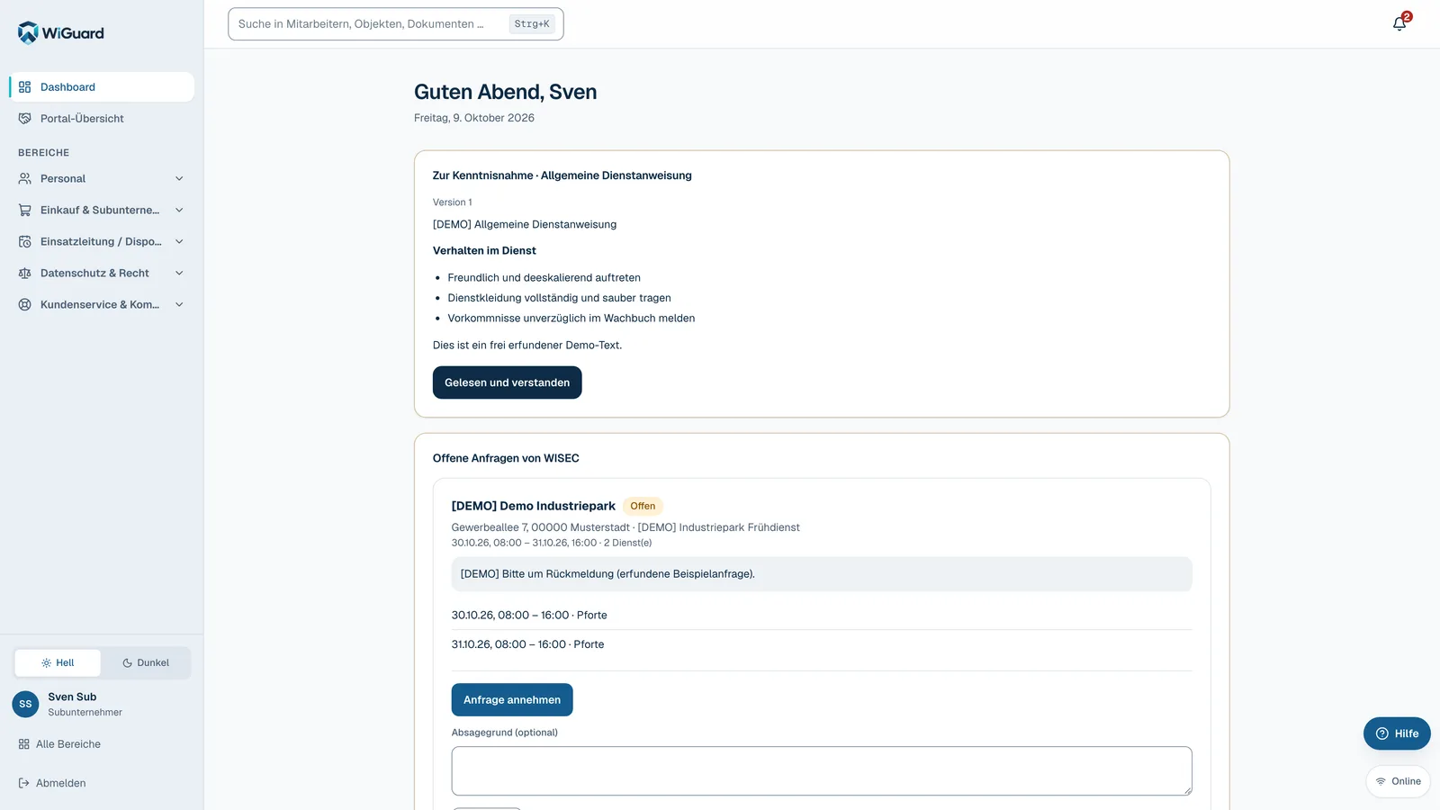 Subunternehmer-Portal (Demo-Daten)